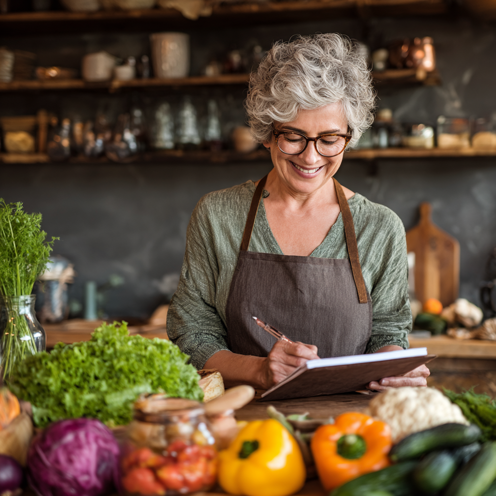 50 years old woman creating personalized meal plan with fresh ingredients