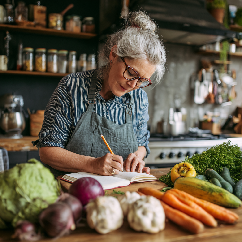 51 years old woman creating personalized meal plan with fresh ingredients