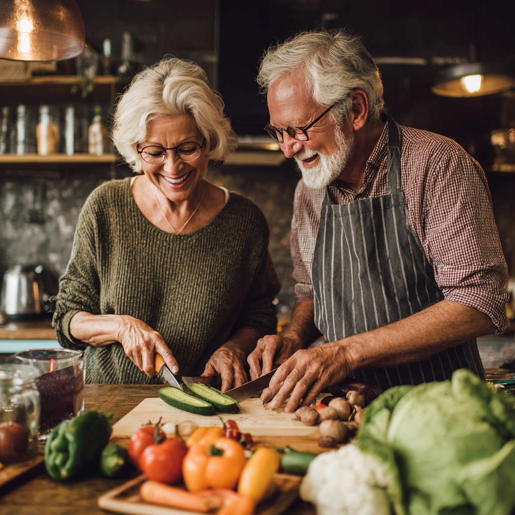 Happy 53 years old couple cooking healthy meal together following kruphandel plan